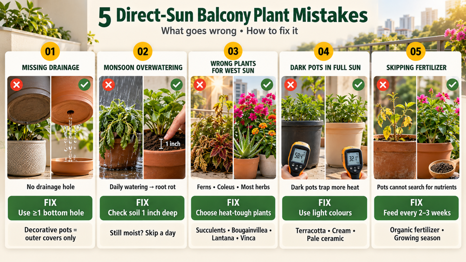 Common Mistakes With Outdoor Balcony Plants in Direct Sun Common direct sun balcony gardening mistakes including overwatering, poor drainage, and wrong plant selection
